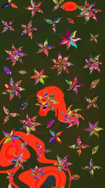 Raster illüstrasyonu. Yeşil ve gri renkli çiçekler. Çiçek desenli eskiz, vuruşlar, sıçramalar, yaz çiçekleri..