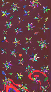 Kahverengi ve yeşil renklerde bahar çiçekleri. Raster illüstrasyonu. Çiçek ve yapraklı karalama şeklinde Raster çiçek deseni.