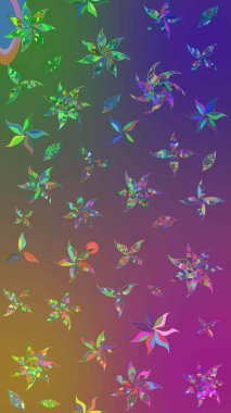 Yumuşak, bahar çiçekleri mor ve yeşil renklerde. Raster illüstrasyonu. Yaprak ve çiçeklerin suluboya resmi, mor ve yeşil renklerin çizim şekli.