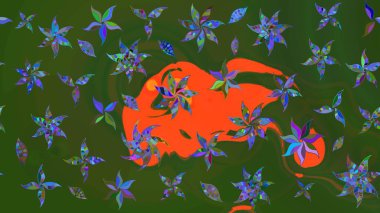 Çiçekli karalama şeklinde Raster çiçek deseni. Yeşil ve turuncu renklerde bahar çiçekleri. Raster illüstrasyonu.