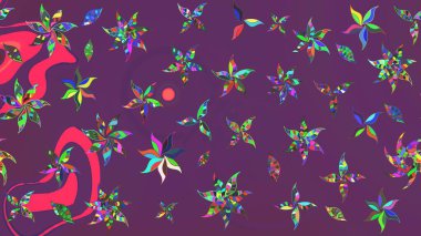 Raster illüstrasyonu. Mor ve yeşil renklerde. Raster illüstrasyonundaki çiçek desenli çizim. Güzel kumaş deseni.