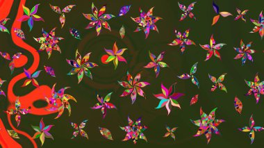 Yeşil ve gri arka planda. Elle çizilmiş çiçek desenli Raster çizimi. Tekstil, kumaş, ambalaj, hatıra defteri için hoş bir çiçek arkaplanı. Çocuksu tasarım.