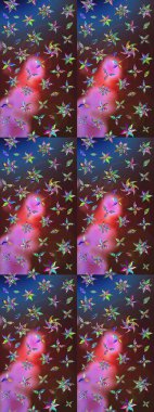 Raster deseni. Yumuşak, bahar çiçekleri kahverengi ve mor renklerde. Raster illüstrasyonu. Patlayan çiçekler soyut yerleştirilmiş.