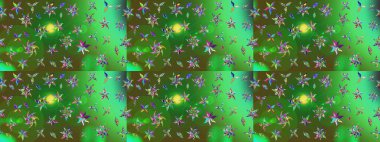 Raster çiçek desenleri çiziyor. Vadinin çiçekleri yeşil ve mavi renklerde.