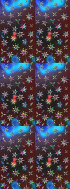 Mor ve mavi renkte etnik çiçeklerle süslenmiş zarif bir eskiz şekli. Raster Çiçek İllüstrasyon Şirin Tekstil.