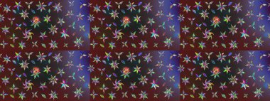 Çok renkli ve kahverengi zarif küçük çiçekler ve mor ve kahverengi renkli komik böcekler, raster desen, illüstrasyon.