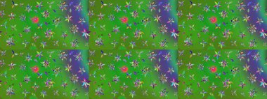 Nazik, sevimli çiçek arkaplanı. Çiçekli karalama şeklinde Raster çiçek deseni. Yeşil ve mor renkte çiçekler.