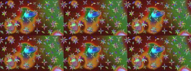 Çiçekli karalama şeklinde Raster çiçek deseni. Raster illüstrasyonu. Kahverengi ve yeşil renklerde yaz çiçekleri.