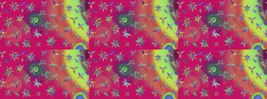 Üzerinde gelincikler ve vadi zambakları olan renkli çiçek desenli nakış deseni. Raster geleneksel çiçek buketi morumsu ve pembe renkli tekstil tasarımı için.