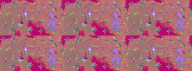 Dallı bahar çiçekleriyle desen, pembe ve kahverengi renkler ve çiçek silueti. Raster deseni.