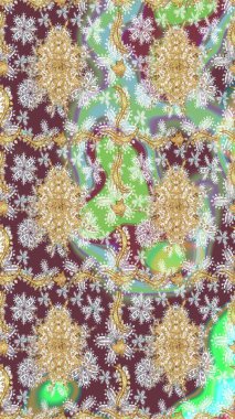 Doku arka planında altın duvar kâğıdı. Damask çizimi tekrarlanıyor. Tarafsız renklerde altın element. Barok tarzında altın çiçekli süs..