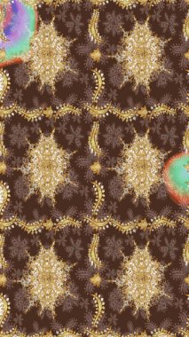 Kahverengi renklerde altın tekrarlayan elementlerle soyut arkaplan. Eskiz oryantal klasik altın desen.