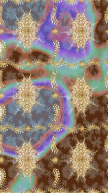 Raster sanatı. Kahverengi renkli ve altın elementli eskiz deseni. Doğu tarzı arabesk. Parlak dantel, stilize çiçekler, şal desenli. Hassas altın deseni açın. Altın desenli bukleler çiz