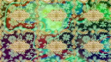 Çiçek deseni. Yeşil renkte altın elementler. Skeç raster arka planı. Duvar kâğıdı barok, İspanyol kumaşı. Şekil grafik deseni.