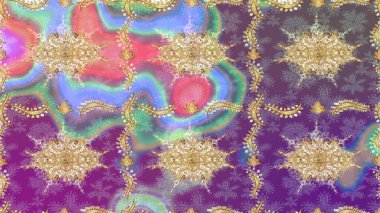 Noel, kar tanesi, yeni yıl. Mor renkli ve altın elementli eskiz deseni. Mor renkler ve altın elementler üzerine altın çizim deseni.