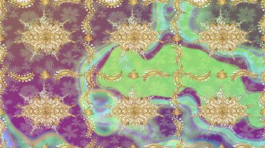 Raster altın tekstil baskısı. Eskiz desenli oryantal süs. Çiçek kiremitleri. Altın elementlerle nötr renklerde altın desen. İslam tasarımı.