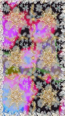 Altın karalama fantezi yapraklarından ve gri renkli çiçeklerden Raster soyut çiçek çelengi. El yapımı dekoratif çerçeve, albüm kapağı, tebrik kartı, klasik Art deco tarzı.