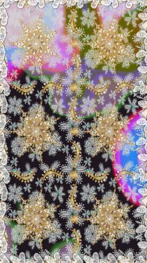 Raster. Parlak dantel, stilize çiçekler, şal desenli. Doğu tarzı arabesk. Gri renklerde, altın elementlerle kusursuz desen. Hassas altın deseni açın. Kusursuz altın dokular bukleler.