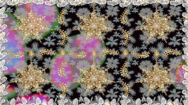 Raster illüstrasyonu. Süslü dekorasyon. Damask altın soyut çiçek gri renklerde pürüzsüz desen.