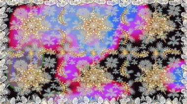 Çizgi sanatı tasarım şablonu için kusursuz sınır. Davetiyeler, kartlar, web sayfası için Raster illüstrasyon. Gri renklerdeki altın element. Altın desenli çiçek dekoru. Doğu tarzı ögesi.