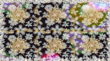 Kusursuz desenli oryantal süs. Gri renkli ve altın elementli altın desenli. İslam tasarımı. Raster altın tekstil baskısı. Çiçek karoları.