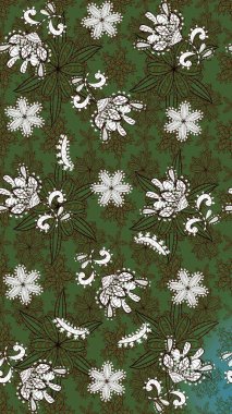 Asya tekstil tarzında. Raster illüstrasyonu. Çiçek desenli çizim. Raster illüstrasyonu. Yeşil ve kahverengi renkte çiçekler.