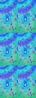 Raster illüstrasyonundaki çiçek desenli çizim. Mavi ve yeşil renkte çiçekler.