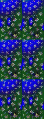 Düz Çiçek Elementleri Tasarımı. Raster illüstrasyonu. Renkli Bahar Teması eskiz kalıbı. Asya tekstil tarzında. Çiçek desenli çizim. Mavi ve yeşil renkte çiçekler.