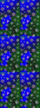 Raster illüstrasyonu. Mavi ve yeşil renkli Asya tekstili. Suluboya çiçekli çiçek deseni.