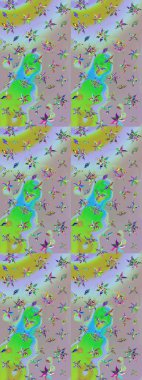 Nakış desenli çiçek deseni. Parmak izi, kumaş, duvar kâğıdı, tekstil için raster dokusu. Renkli grunge, kolonöral ve yeşil çiçeklerle soyut arkaplanı zenginleştirir.