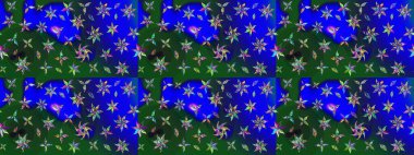 Raster illüstrasyonu. Mavi ve yeşil renkli Asya tekstili. Suluboya çiçekli çiçek deseni.