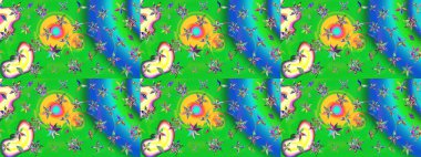 Küçük çiçekteki sevimli çiçek deseni. Varicologreen ve Blue Raster çizim çizimi. Birçok yeşil ve mavi soyut çiçekli tropikal çizim deseni.