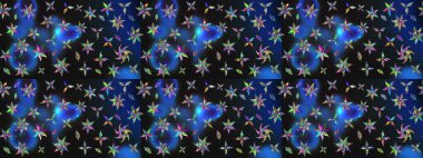 Raster illüstrasyonu. Çiçekli karalama şeklinde Raster çiçek deseni. Gri ve mavi renkte bahar çiçekleri.