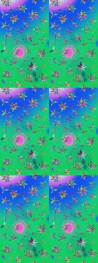 Yeşil ve mavi renkli bitkilerden oluşan parlak çiçekli çizim deseni.