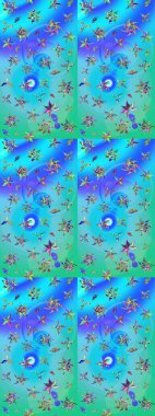 Mavi ve yeşil renkli çiçekler. El çizimi çiçekli soyut çizim kalıbı. Raster illüstrasyonu.