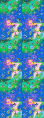 Raster illüstrasyonu. Raster illüstrasyonu. El yapımı çiçek ve bitki koleksiyonu. Robot resim tarzı mavi ve yeşil renkler. Şirin karalamalı çiçek deseni çiz..