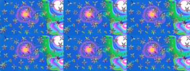 Raster illüstrasyonu. Suluboya tarzında mavi ve yeşil renklerde. Küçük çiçekli bahar deseni çiz.