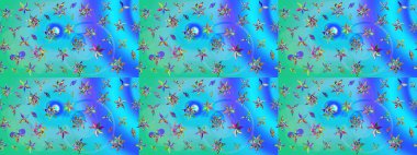 Renkli Bahar Teması eskiz kalıbı. Düz Çiçek Elementleri Tasarımı. Mavi ve yeşil renkli şirin çiçek desenleri. Raster Modaya uygun kumaş deseni.