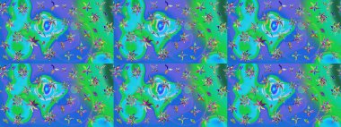 Modern çiçek arkaplanı. Moda baskıları için zarif bir şablon. Parlak renkli çiçekleri olan ve mavi ve yeşil renkli yaprakları olan harika bir çiçek deseni. Halk stili.