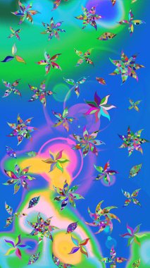 Şirin karalamalı çiçek desenli çizim. Robot resim tarzı mavi ve yeşil renkler. Raster illüstrasyonu. El yapımı çiçek ve bitki koleksiyonu. Raster illüstrasyonu.