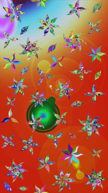 Turuncu ve kırmızı renklerde. 3D çiçekler, eskiz. Raster illüstrasyonu.