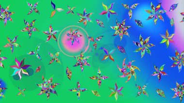 Raster illüstrasyonu. Yeşil ve mavi renklere karalamalar çizilmiş çiçek deseni.