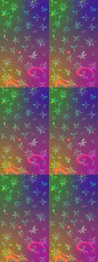 Renkli Bahar Teması eskiz kalıbı. Düz Çiçek Elementleri Tasarım Raster illüstrasyonu. Çiçek desenli eskiz. Mor ve yeşil renkte çiçekler.