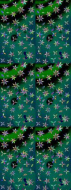 Raster illüstrasyonundaki çiçek desenli çizim. Yeşil ve mavi renkte çiçekler. Renkli Yaz Temalı eskiz kalıbı. Düz Çiçek Elementleri Tasarımı.