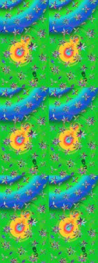 Suluboya elle çizilmiş çiçek desenli eskiz deseni. Parlak renkli fantezi çiçekleri, yapraklar, yeşil ve mavi renkli tomurcuklar yeşil ve mavi.