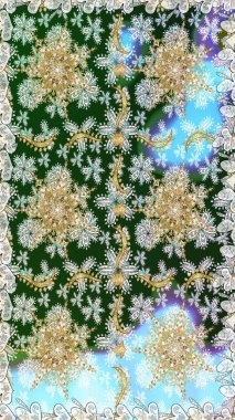 Süslü dantel iz sürücü. Geleneksel Arap dekoru yeşil renklerde. Duvar kâğıdı için altın süslü bir illüstrasyon. Doğu tarzında klasik tasarım öğesi. Çiçekli süslemeli, pürüzsüz bir desen..