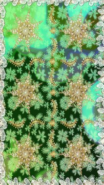 Yeşil ve nötr renklerde, altın elementlerle kusursuz klasik desen. Noel, kar tanesi, yeni yıl 2019.