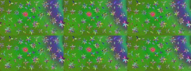 Hediye ambalaj kağıdı, tebrik kartları, posterler ve pankart tasarımı. Yeşil ve mor renkli çiçekler. Raster düz çiçek çizim deseni.