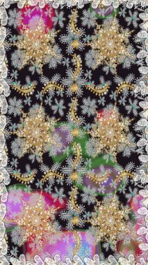 El yapımı dekoratif çerçeve, albüm kapağı, tebrik kartı, klasik Art deco tarzı. Raster soyut çiçek çelengi altın karalama fantezi yaprakları ve gri renkli çiçekler.