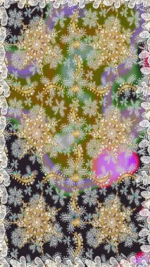 Gri renklerdeki altın element. Davetiyeler, kartlar, web sayfası için Raster illüstrasyon. Altın desenli çiçek dekoru. Doğu tarzı element. Çizgi sanatı tasarım şablonu için sınırsız sınır.